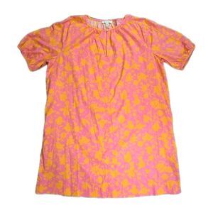 Free Assembly Pink Orange Floral Shift Dress XL Cotton Short Sleeve Pockets